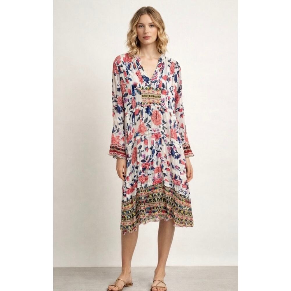 Hemant & Nandita 100% Silk Caftan Midi Dress Boho Floral White Red US M $498